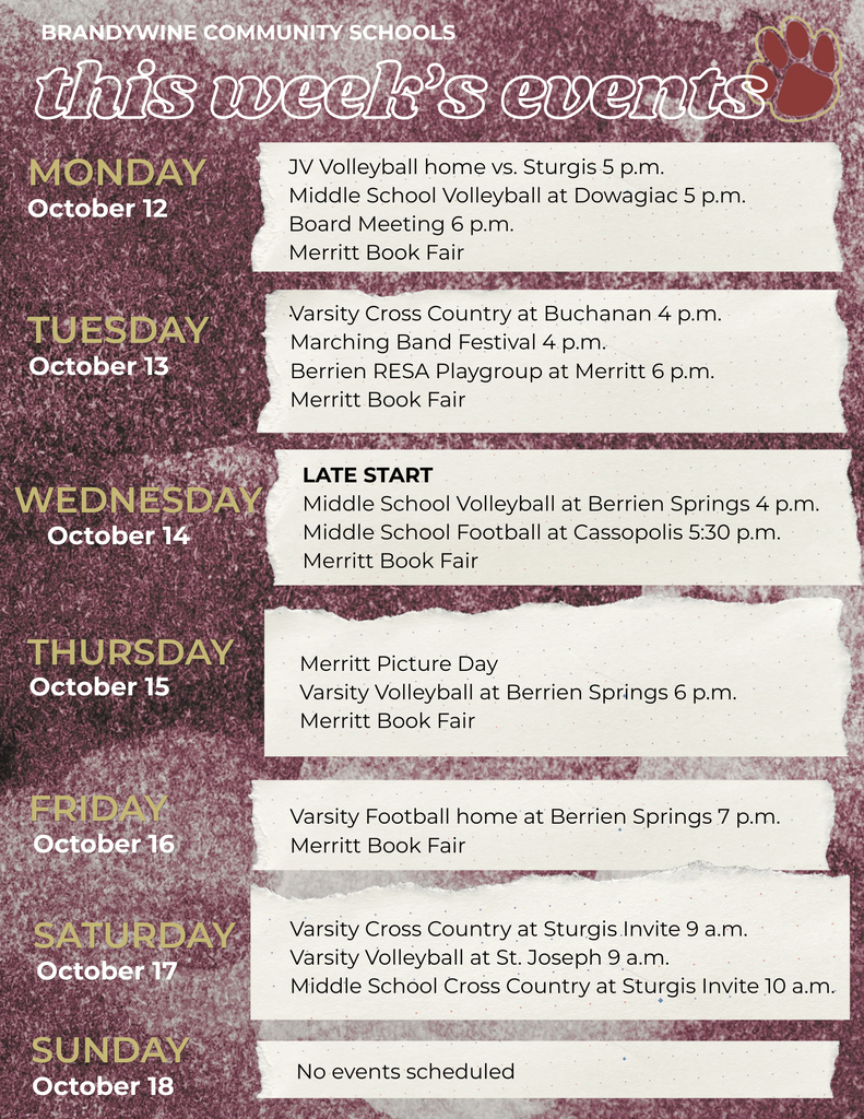 Here's what's happening this week at Brandywine Community Schools!  View the full schedule at www.brandywinebobcats.org. 