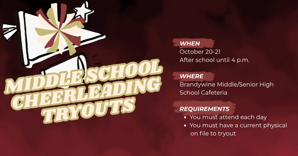 middle school cheerleading tryouts october 20-21 after school brandywine MSHS 
