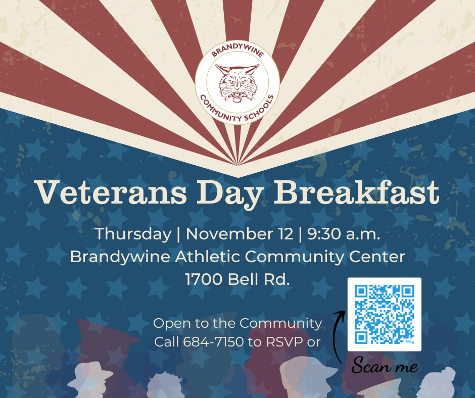 Veterans! We want to celebrate you and your service. Join us for our annual Veterans Day Breakfast on Thursday, November 12 at 9:30 a.m. The event will be held at the Brandywine Athletic Community Center at 1700 Bell Rd. RSVP by November 5. Feel free to pass this on to any Veterans you may know in the community. Guests are welcome! RSVP by calling 269-684-7150 or at: https://forms.gle/PJUSTBmeyfE99z6G6
