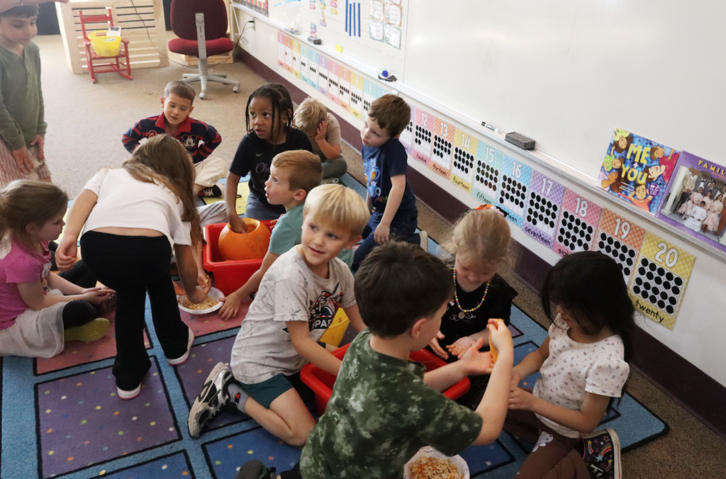 class on floor removing pumpkin seeds from pumpkins