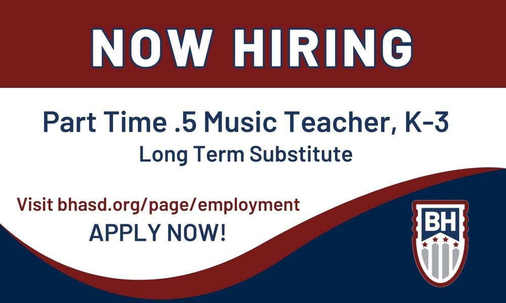 NOW HIRNG! Part Time Music Long Term Substitute Teacher Graphic
