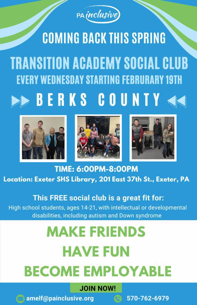Transition Academy Social Club for high school students, ages 14-21, is a free club that meets every Wednesday from 6:00-8:00 pm at the Exeter SHS Library.