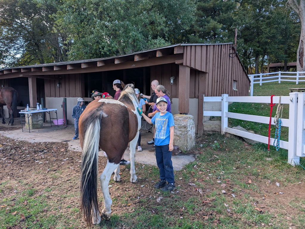 student brushing a horse
