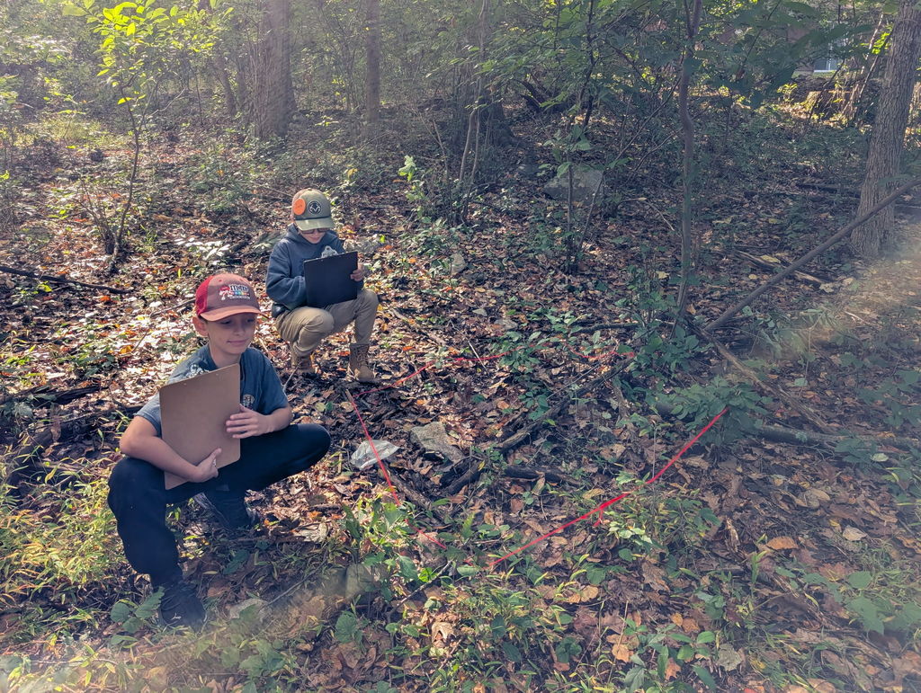 students with clipboards crouched in the woods