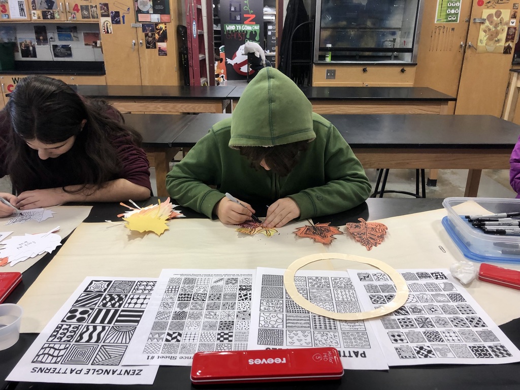 Students using zentangle patterns to create contemplative moments.