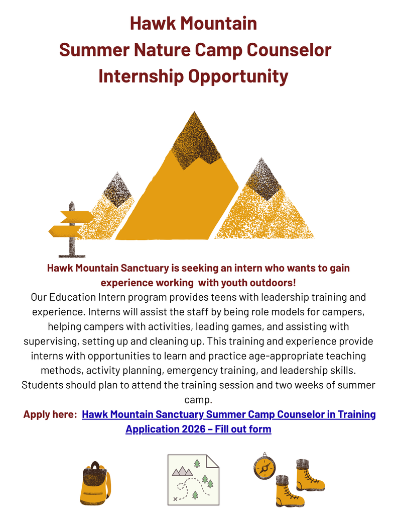 Internship Opportunity for a Summer Nature Camp Counselor Internship. Apply at this link: Hawk Mountain Sanctuary Summer Camp Counselor in Training Application 2026 – Fill out form