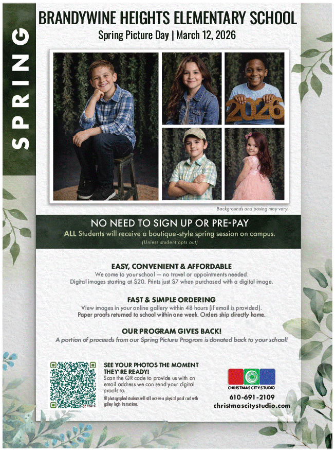Elementary School Spring Picture Day March 12th.  No need to sign up or pre-pay. Students will receive a boutique-style spring session on line to view. 