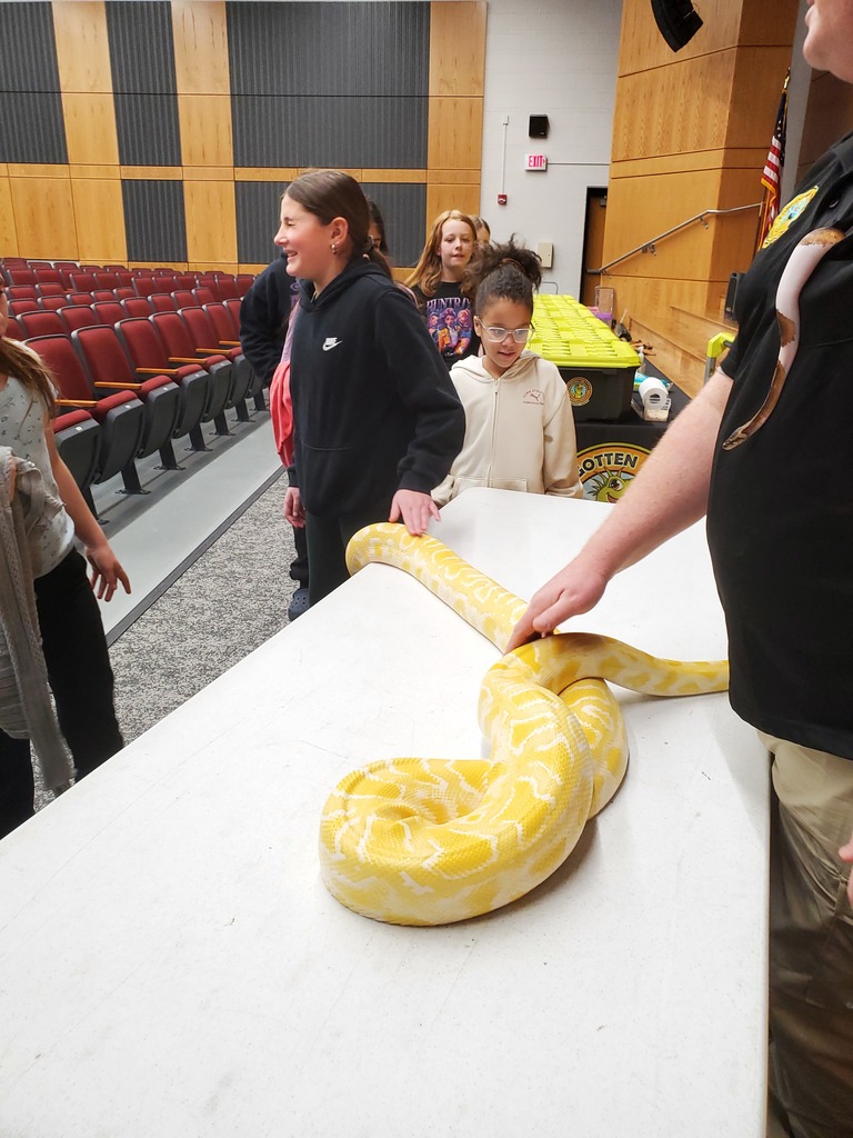 students petting a large yellow python on a table
