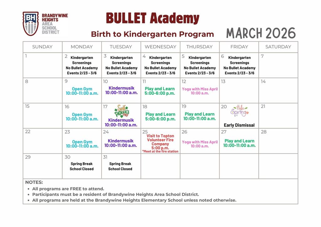 Bullet Academy March Calendar