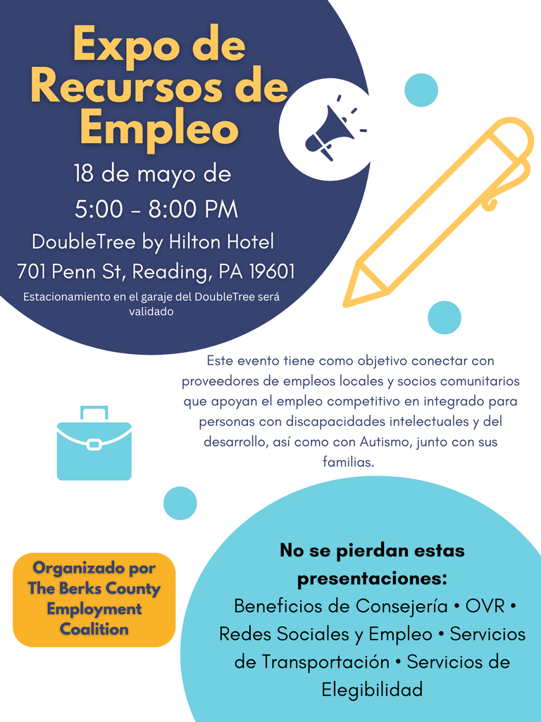 Expo de recursos de empleo para personas con discapacidades y autismo, el 18 de mayo, de 5:00 a 8:00 p. m., en el DoubleTree en Reading, PA.