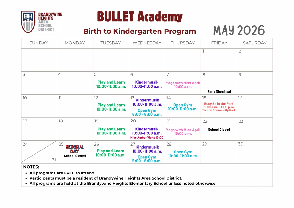Bullet Academy May Calendar