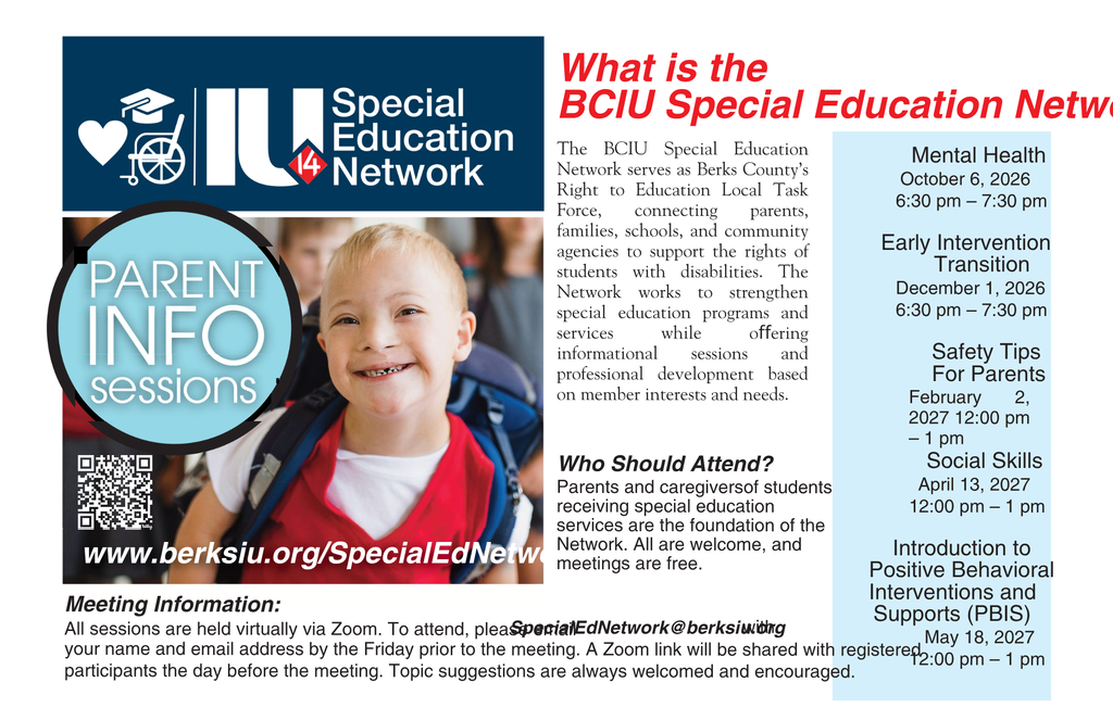A little boy smiling on a flyer promoting The BCIU Special Education Network parent information sessions. www.berksiu.org/SpecialEdNetwork