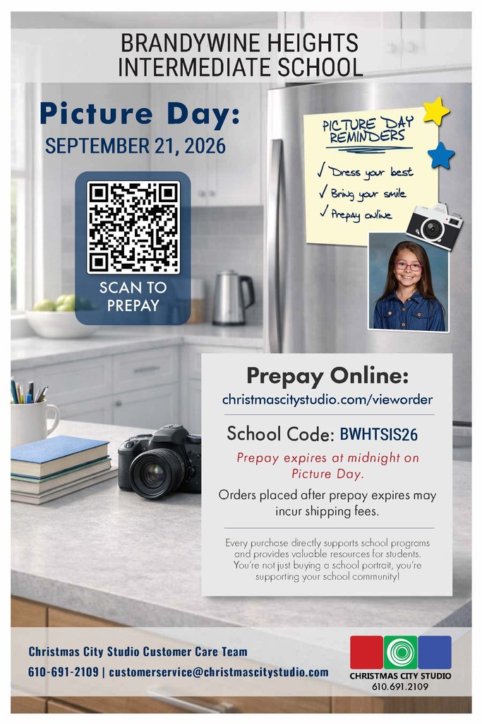 flyer stating the following: We are excited to share that IS/MS Picture Day is scheduled for Monday, September 21, 2026! 📸 If you would like to order pictures, please visit christmascitystudio.com/vieworder and enter the appropriate school code below:  Intermediate School: BWHTSIS26  Middle School: BWHTSMS26  Please note that the picture ordering codes will expire at midnight on Picture Day, September 21. We look forward to seeing all of our students’ smiling faces on Picture Day!