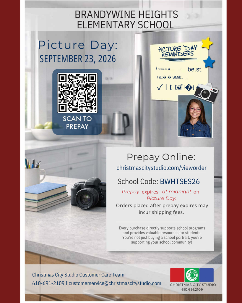 Elementary School Picture Day September 23. Prepay online with code BWHTSES26 Prepay expires September 23 at midnight. Scan QR code or visit christmascitystudio.com/vieworder