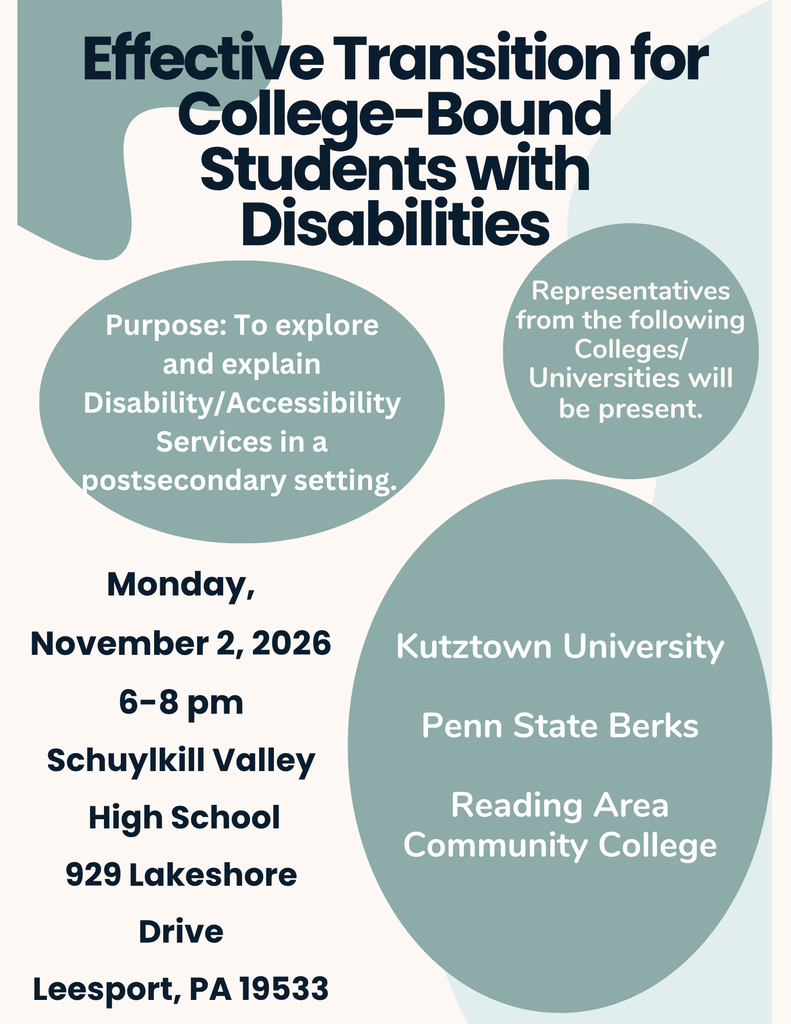 Effective Transition for College-Bound Students with Disabilities to meet with local college representatives on Monday, November 2, 2026 from 6:00 - 8:00 pm.