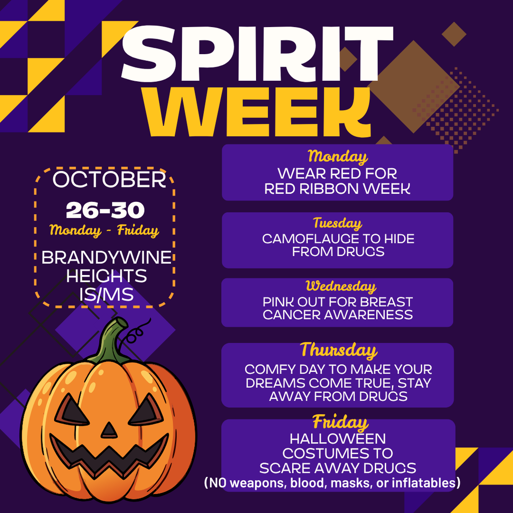 Week of 10/26-10/30 Red Ribbon Week/Halloween Monday: Wear red for Red Ribbon week Tuesday: Camouflage to hide from drugs Wednesday: Pink out for Breast Cancer awareness Thursday: Comfy day to make your dreams come true, stay away from drugs Friday: Halloween costumes to scare away drugs (NO weapons, blood, masks, or inflatables)