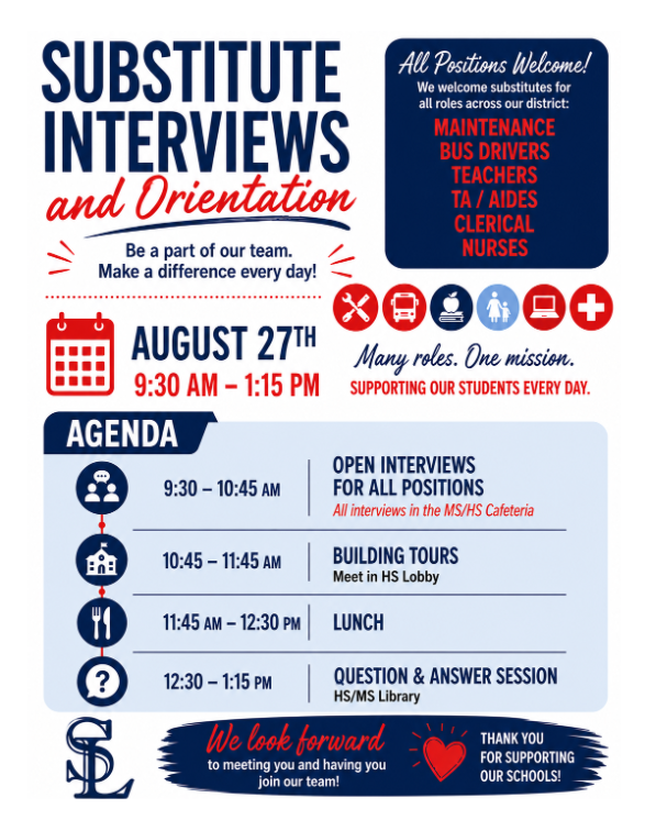 Substitute Orientation and Open Interviews August 27th from 9:30-1:15