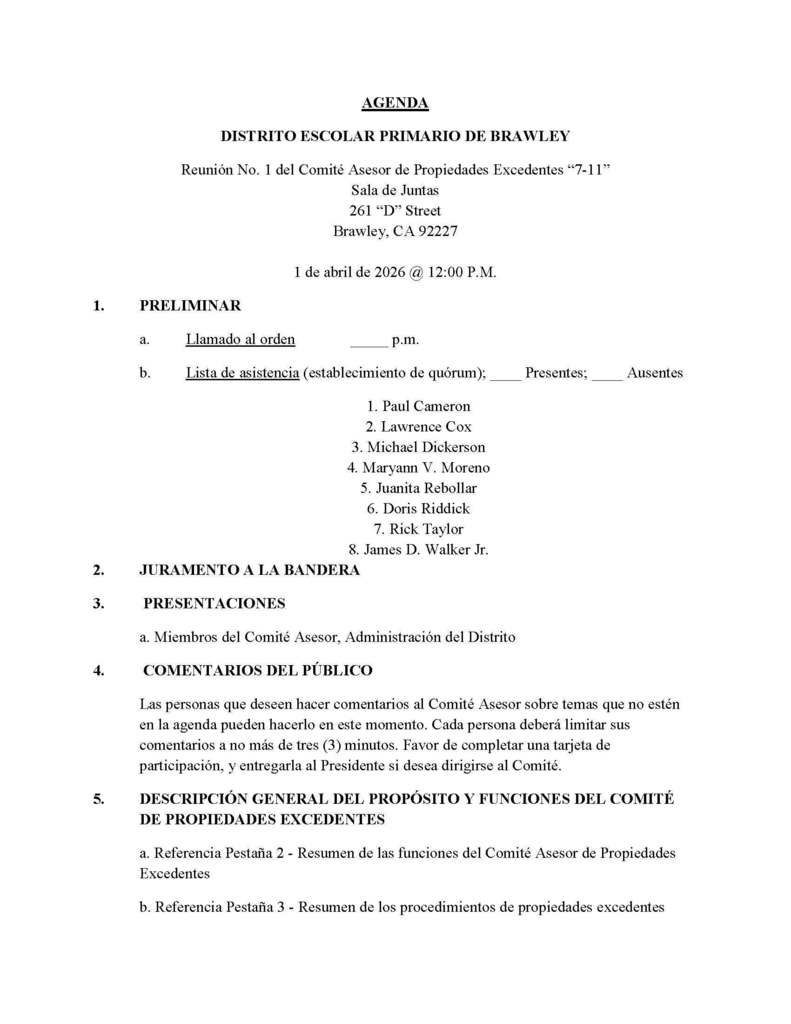 Notica Reunión No. 1 del Comité Asesor de Propiedades Excedentes “7-11”