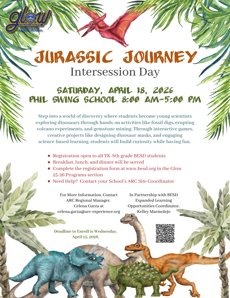Join us for a dino-mite adventure full of fossils, volcanoes, and prehistoric fun!  Register at www.besd.org under GLOW Programs 25-26.