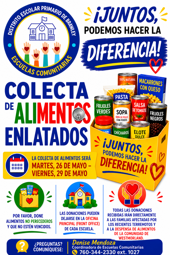 Colecta de Alimentos Enlatados del martes 26 de mayo al viernes 29 de mayo.