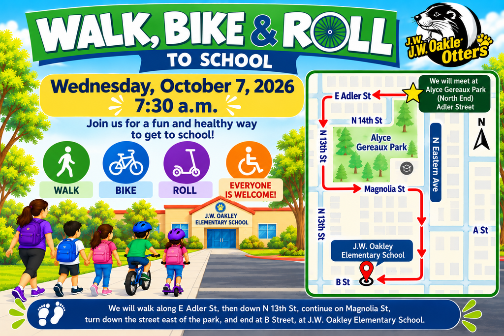 Walk, Bike and Roll to School wednesday october 7, 2026 at 7:30am
