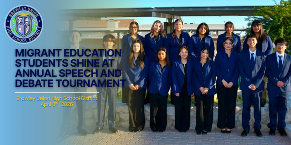 Migrant education students pose for group photo.. Text on image states: Migrant Education Students Shine at Annual Speech and Debate Tournament
