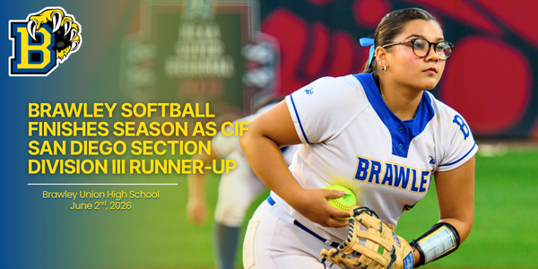 Pitcher Daniella Yesecas gets ready to throw pitch at CIF Finals Game. Text reads: Brawley Softball Finishes Season as CIF San Diego Section Division III Runner‑Up