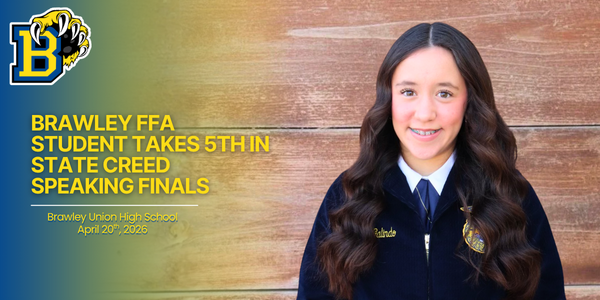 Image of student Kayley Galindo:. Text states: Brawley FFA Student Takes 5th in State Creed Speaking Finals