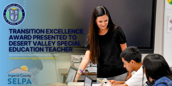 Picture of Mrs. Wells in Desert Valley High School classroom with Logo of BUHSD and Imperial County SELPA