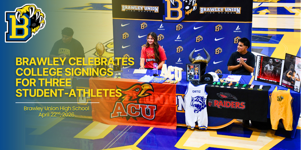 Three students sit together at the atheltic signing event. Text reads: Brawley Celebrates College Signings for Three Student‑Athletes