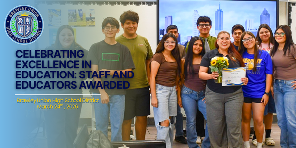 Students pose for picture with text reads  Celebrating Excellence in Education: Staff and Educators Awarded