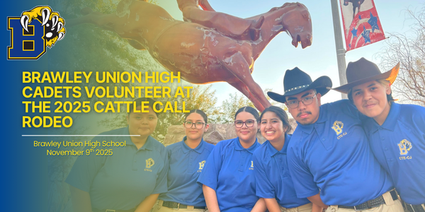 Brawley Union High Cadets volunteer at the 2025 cattle call rodeo. Picture of cadet posing next to horse statue