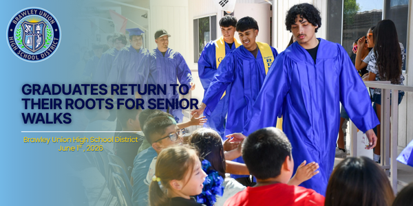 Seniors highfive elementary students. Text states: Wildcats Return to Their Roots for Senior Walks