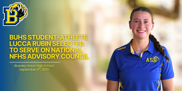 Lucca Rubin poses for photo. text reads: BUHS Student‑Athlete Lucca Rubin Selected to Serve on National NFHS Advisory Council