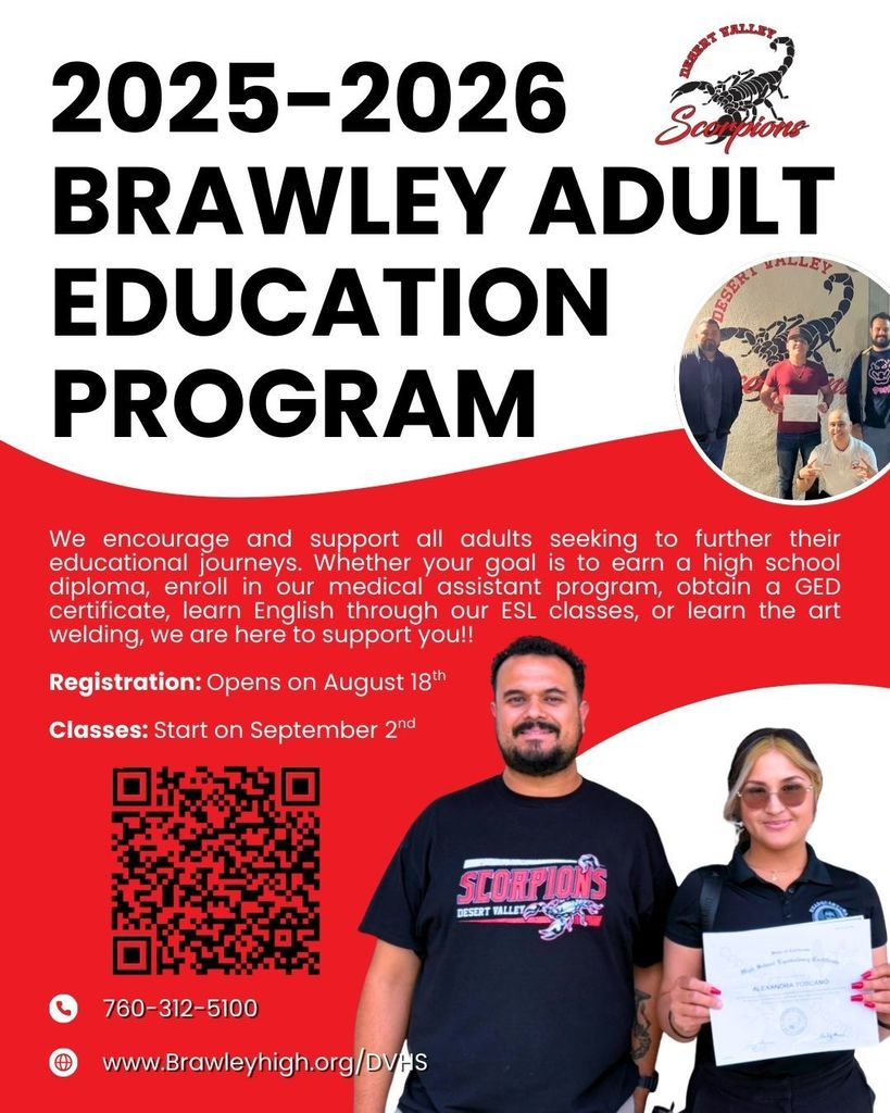 Brawley Adult Ed program registration is open, classes began on september 2nd 2025