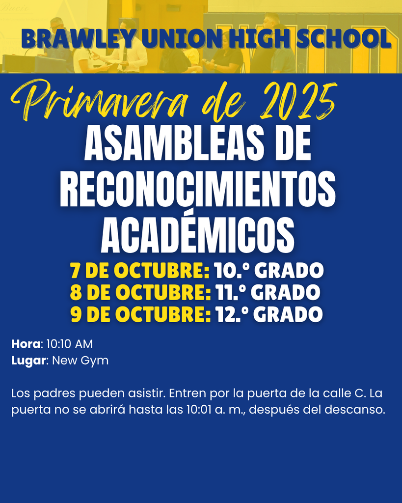 Las ceremonias de entrega de premios académicos se celebrarán el 7 de octubre para los estudiantes de segundo año, el 8 de octubre para los de tercer año y el 8 de octubre para los de cuarto año. Tendrán lugar a las 10:10 a. m. en el nuevo gimnasio de la BUHS.