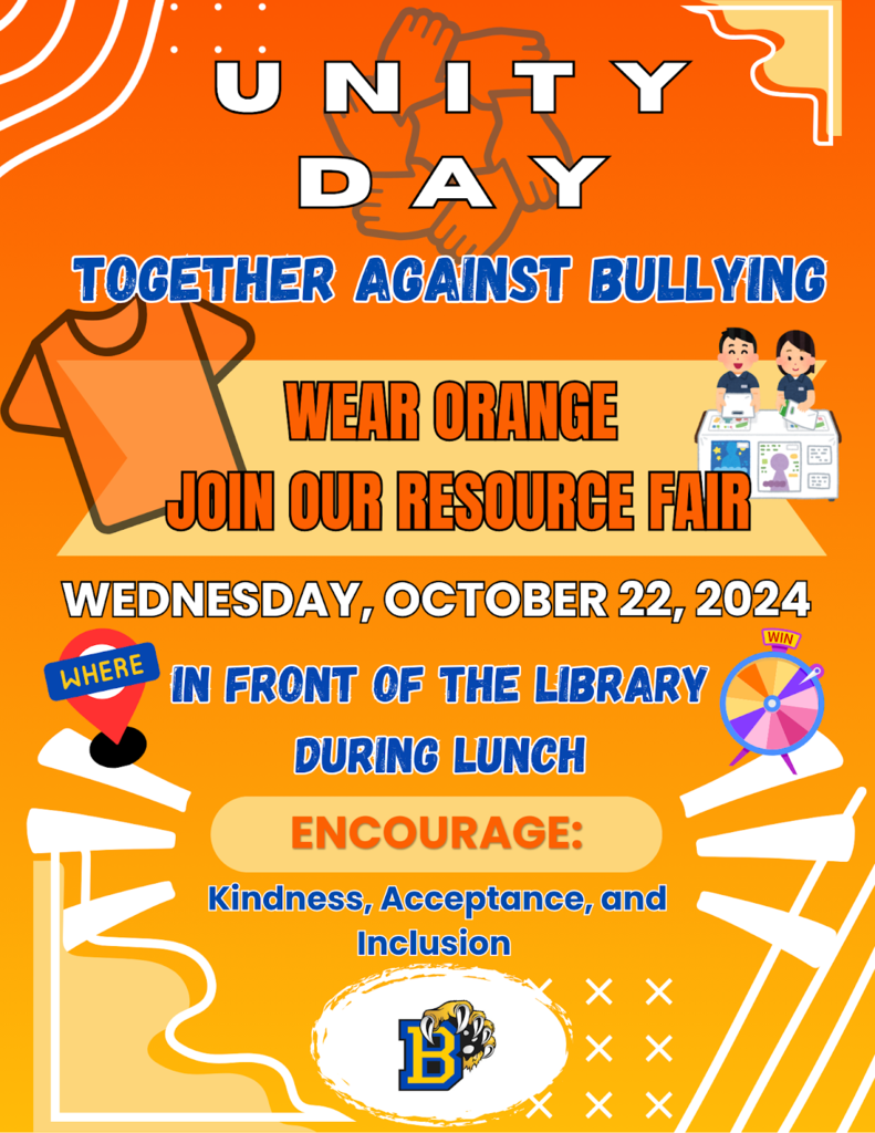 Unity Day is Wednesday, October 22nd 🧡 Join  in wearing orange and at our resource fair during lunch at the quad.  