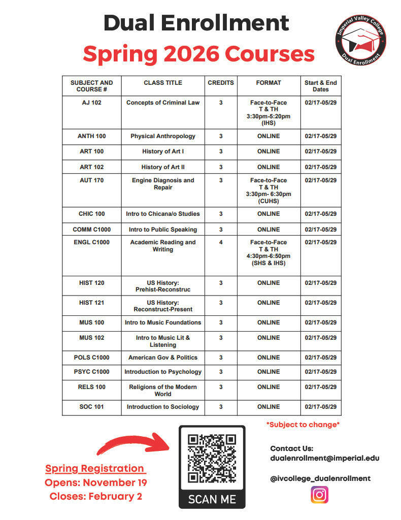 Dual Enrollment for Spring 2026 is now open. Earn college credit while still in highschool, get ahead with your general ed courses,  tuition and textbooks are free. Contact dualenrollment@imperial.edu for more information.