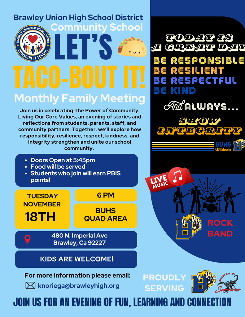 Community School Lets Taco-Bout It Meeting on November 18th 2025 at 6pm at BUHS Quad