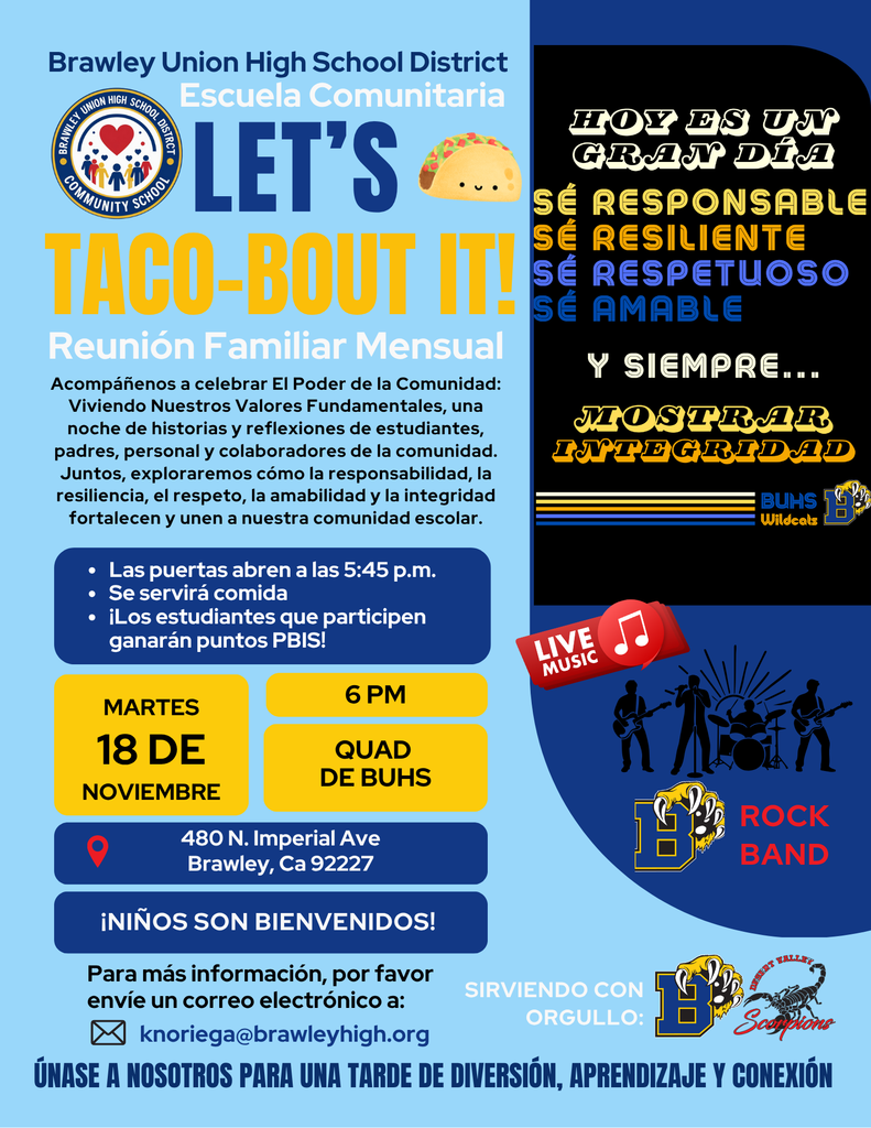 La escuela comunitaria celebra una reunión sobre tacos el 18 de noviembre de 2025 a las 6pm en la escuela Brawley Union