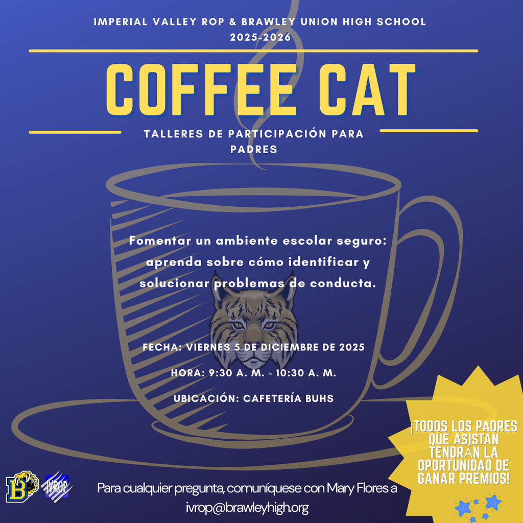 Nuestro Coffee Cat de diciembre tendrá lugar este viernes, 5 de diciembre, a las 9:30 a. m. en la cafetería de la BUHS, en la calle C. Acompáñenos a tomar un café y aprenda a identificar y abordar los problemas de comportamiento. Esperamos verle allí.