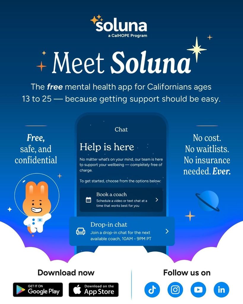 Soluna app promo image. Blue background with 'Meet Soluna' text. Offers free, confidential mental health support for ages 13-25.