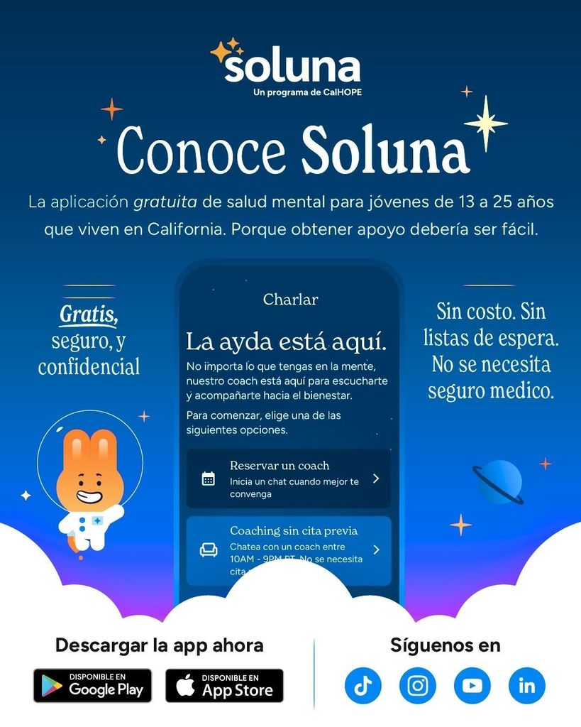 Imagen promocional de la aplicación Soluna. Fondo azul con el texto «Conoce Soluna». Ofrece apoyo gratuito y confidencial en materia de salud mental para jóvenes de entre 13 y 25 años.