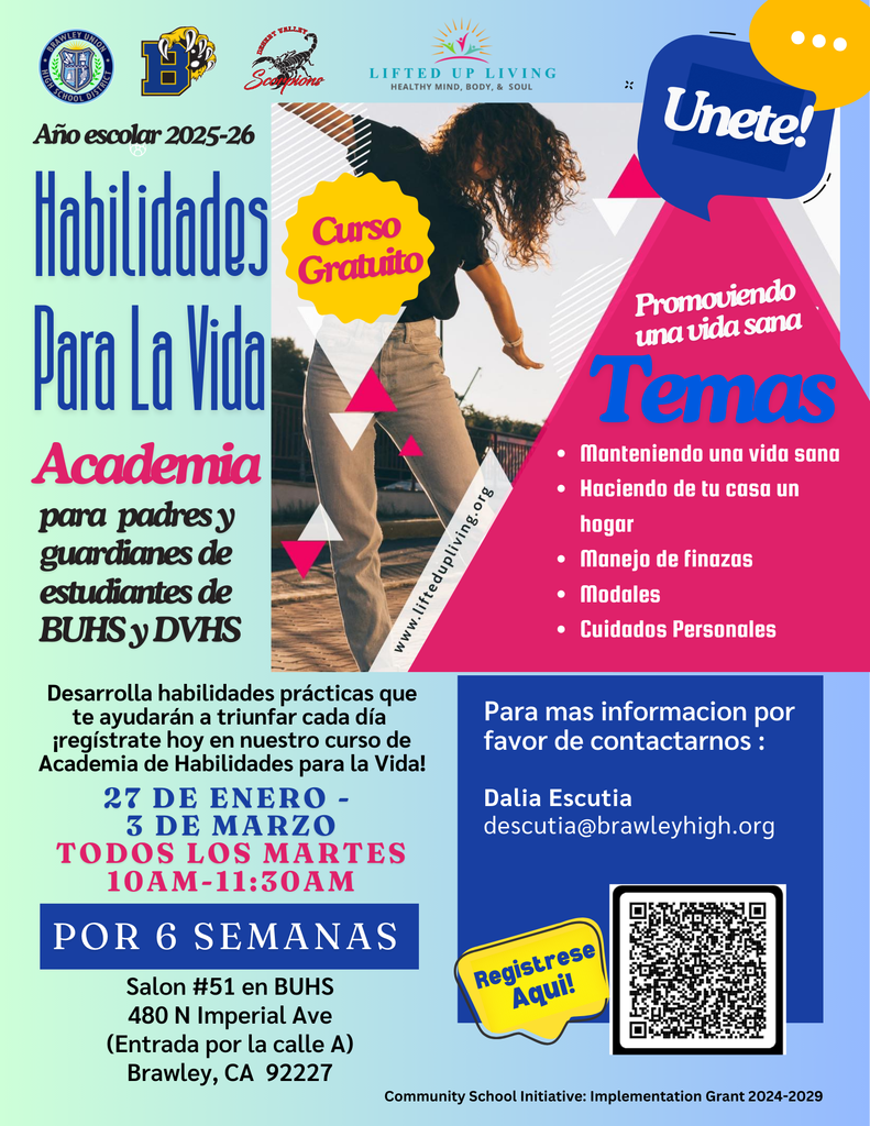Ya está abierta la inscripción para la Academia de Habilidades para la Vida para Adultos (padres y tutores). Este programa ofrece la oportunidad de aprender valiosas habilidades para la vida en áreas como finanzas, autocuidado, tareas domésticas, salud y bienestar, entre otras, lo que le permitirá crecer personalmente y tener un impacto positivo en usted mismo y en su familia. Las clases se impartirán una vez a la semana, todos los martes, durante 6 semanas, desde el 27 de enero hasta el 3 de marzo.