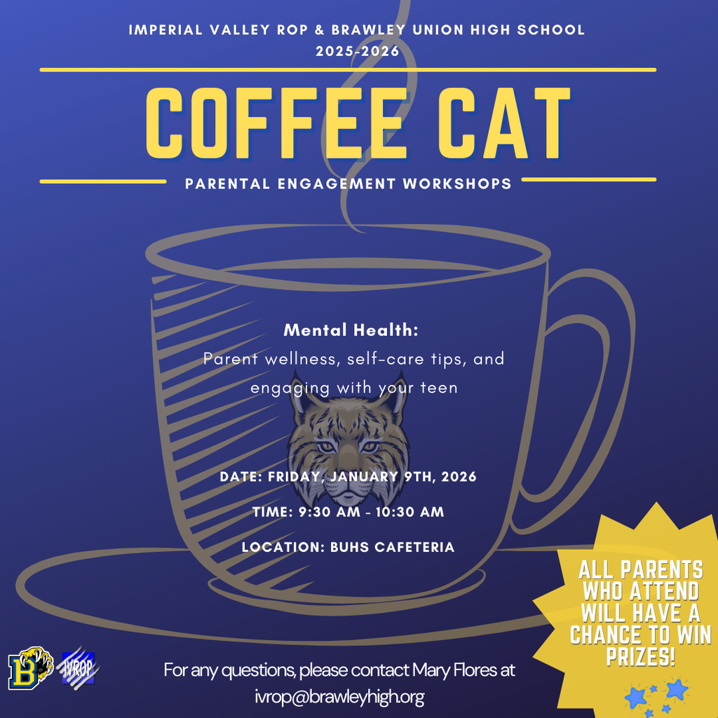 Our January Coffee Cat is this Friday, January 9th at 9:30am in the BUHS Cafeteria on C Street. Join us for coffee and learn insights on parent wellness, self-care tips, and engaging with your teens.  We look forward to seeing you there.