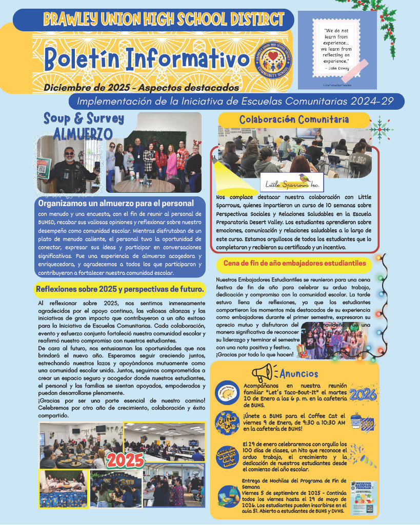 El boletín informativo del Distrito Escolar Secundario Brawley Union destaca un almuerzo para el personal, colaboraciones con la comunidad, objetivos para 2025, una cena de fin de año y anuncios importantes para diciembre de 2025.