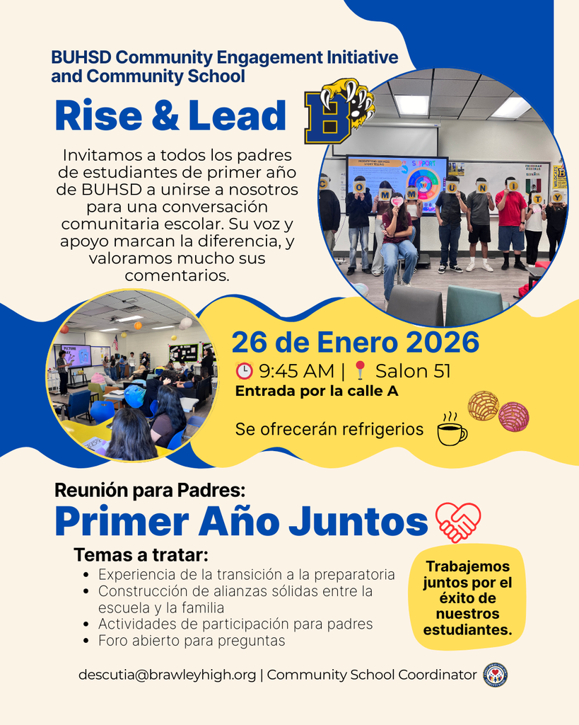 Reunión de padres Rise and Lead el 26 de enero de 2026 a las 9:45 a. m. en la sala 51.