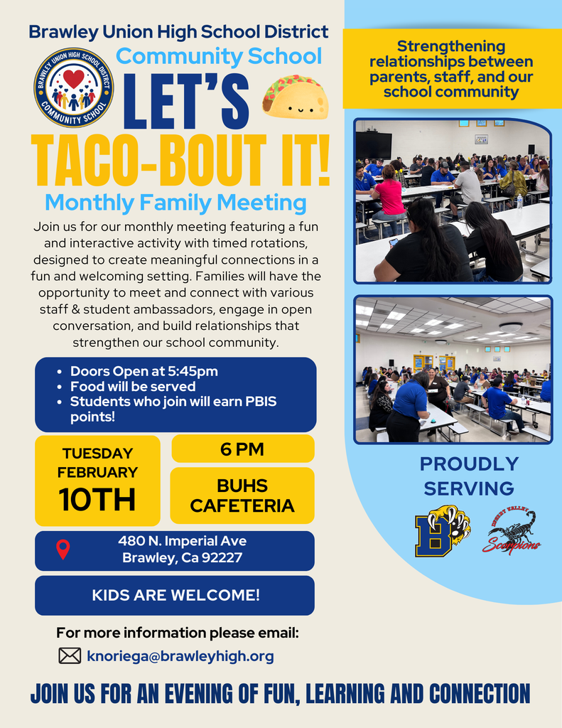 You’re invited to our “Let’s Taco-bout It!" meeting TODAY Tuesday, February 10th at the BUHS Cafeteria. at 6pm.