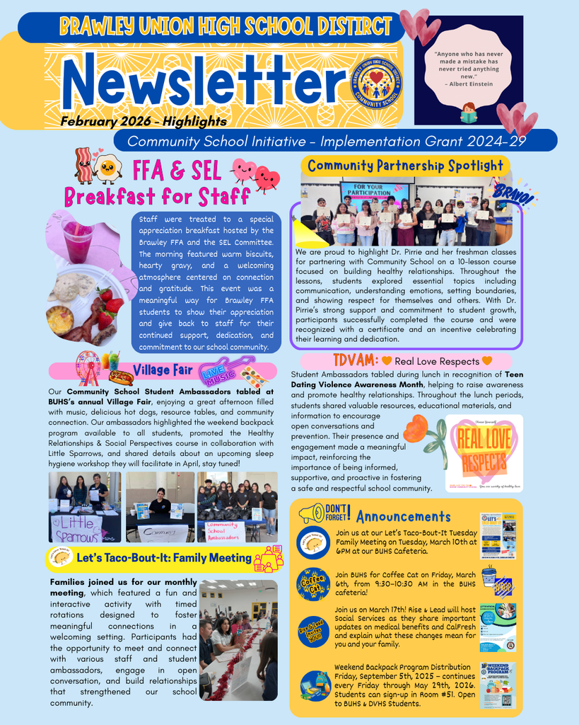Brawley Union High School District Newsletter, February 2026: Highlights community events. Features breakfasts, fairs, meetings, and awareness programs. Bright design conveys friendliness and engagement.