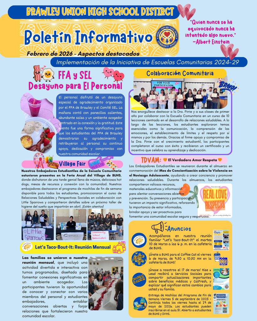 Boletín informativo del Distrito Escolar Secundario Brawley Union, febrero de 2026: Destaca los eventos comunitarios. Incluye desayunos, ferias, reuniones y programas de concienciación. Su diseño llamativo transmite amabilidad y compromiso.